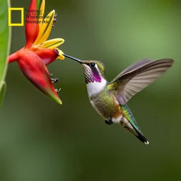 ruby throated hummingbird sipping nectar from a tropical flower, jungle background, national geographic award winning nature photography, macro lens, iso 2 0 0, 1 / 2 0 0 0 sec, f / 2 0, 1 8 0 mm focal length