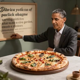 “ diorama of barack obama serving pizza at an olive garden, actual photo, kind of like chuck e. cheese ”