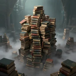 book tower dungeon, books stacks, magical, mist, artstation