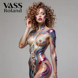 Vass Roland cover art body art pose future bass girl unwrapped smooth body unfolds statue bust curls of hair petite lush front and side view body photography model full body curly jellyfish lips art contrast vibrant futuristic fabric skin jellyfish material metal veins style of Jonathan Zawada, Thisset colours simple background objective