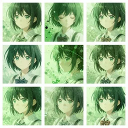 green themed collage with anime focus, highly detailed, featured on artstation, highly detailed, abstract