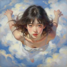 painting by krenz cushart!!, portrait of a beautiful girl floating in the clouds, finely detailed features, intricate brush strokes, beautiful lighting, trending on pixiv fanbox.