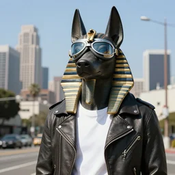 a portrait of a statue of the Egyptian god Anubis wearing aviator goggles, white t-shirt and leather jacket. The city of Los Angeles is in the background. hi-res dslr photograph.