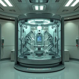 a single large glass chamber with multiple robotic manipulators inside, highly integrated futuristic automatic medical care unit, birth of a cyborg, medical robotics, empty, robotic cnc surgical hybrid mri 3 d printer machine, in cyberpunk hospital lab, highly detailed, vibrant, hyperdetailed scifi concept art, artstation, hdr, rtx, octane render, by artgerm and alphonse mucha