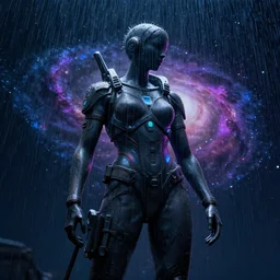 cyberpunk statue, rain, space, galaxy