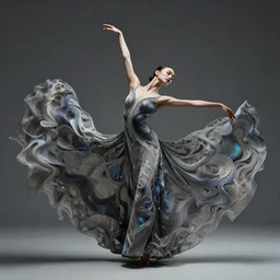 portrait of a dancer in a long flowing gown. intricate abstract. intricate artwork. by tooth wu, wlop, beeple, dan mumford. trending on artstation, greg rutkowski very coherent symmetrical artwork. cinematic, hyper realism, high detail, octane render, 8 k, iridescent accents