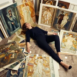 a high quality professional studio photograph of a happy woman lying down on her back. she is surrounded by piles and piles of paintings by artgerm and greg rutkowski and alphonse mucha.