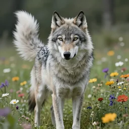 A high fantasy young wolf-girl with large white-tipped wolf tail and wolf ears, standing in the middle of a field of flowers, by Artgerm and Asher Brown Durand, face close up, official media, beautiful, detailed, high quality, 4K, epic, trending on artstation and behance