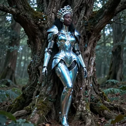 hyperrealistic post - rococo super beautiful! black woman with exoskeleton armor, merging with tree in a forest, highly detailed digital art masterpiece smooth cam de leon hannah yata dramatic pearlescent blue teal light ground angle hd 8 k sharp focus