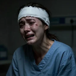 a portrait photograph of a female patient in a mental asylum hospital with a bandaged head and face, damaged and pain and anguish and terror in the darkness, crying, extreme sadness, hopeless, very dark, depressing, grim, moody, atmospheric lighting, cinematic lighting, expressive, by francis bacon and dave mckean