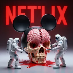 graphic art dystopian futuristic human mechanic surgeons!!! astronauts, operate on a mickeymouse!!!!!!! head cracked!! skull! brain exposed, held by claw, blood!!! on floor ominous glowing red netflix!!! logo background, beeple!!!!, clean concept art, smooth, octane render, minimal