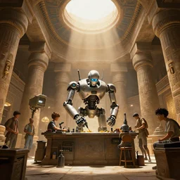 sci fi robot repairshop inside of an egyptian temple, james gurney, katsuhiro otomo, james paick, cinematic lighting, artstation, craig mullins, greg rutkowski, pete morbacher, tuomas korpi, volumetric light, artstation, octane render, redshift render, low angle camera, intricate, 8 k -