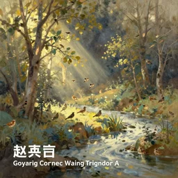 In early Spring, Birds chirping in the distant forest near a river. Warm lighting, oil painting, by Zhao Wuji