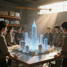 group of people in simple warehouse, surrounding hologram of futuristic city on a table, cinematic concept art, godrays, golden hour, natural sunlight, 4 k, clear details, tabletop model buildings, center model buildings, hologram center, crane shot, crane shot, crane shot