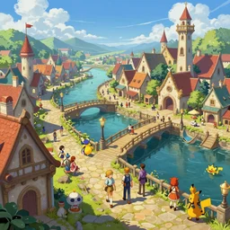 medieval port town docks fable video game meets pokemon sword and sheild, bright future, social realism, highly detailed, digital painting, artstation, concept art, matte, sharp focus, illustration, art by artgerm and greg rutkowski and alphonse mucha