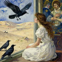 a girl with white dress sitting beside the windo and looking outside , desert some crows around her ,by egon schiele and michael angelo, baroque, neo Gothic,matte painting, water color,baroque detailes,photo real,concept art,highly detailed,sharp lines, hdri, 4k