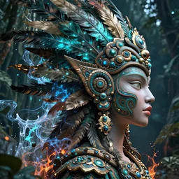 3 d goddess profile portrait. beautiful intricate highly detailed quetzalcoatl mask and feathers. ahuizotl, atotolin, bioluminescent, plasma, lava, ice, water, wind, creature, jungle, artwork by tooth wu and wlop and beeple and greg rutkowski, 8 k trending on artstation,
