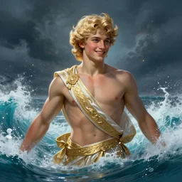 portrait of teenage poseidon rising from ocean, greek, short curly blonde hair, mad smile, wearing a gold and white sash, elegant, crashing waves, storm, glowing lights, volumetric lighting, highly detailed, digital painting, artstation, concept art, smooth, sharp focus, illustration, art by wlop, mucha, artgerm, and greg rutkowski