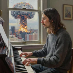 An Oil Painting of Rivers Cuomo in a sweater with long hair and a mustache playing his piano in an apartment as he looks out the window next to him to see a nuke drops onto the city outside his window next to him, hyperrealistic, extremely realistic, highly realistic, HD Quality, 4k resolution, 8k resolution, Detailed, Very Detailed, Highly Detailed, Extremely Detailed, Intricate Details, Real, Very Real, Oil Painting, Digital Painting, Painting, Trending on Deviantart, Trending on Artstation