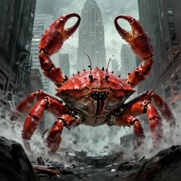 horror art, crab kaiju attacks ny, art by ismail inceoglu
