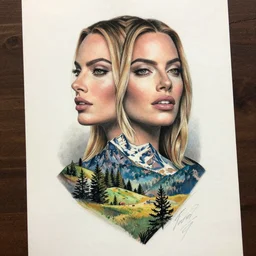 tattoo design sketch of margot robbie and beautiful mountain scenery mash up, in the style of arlo dicristina, surrealist, amazing detail, sharp