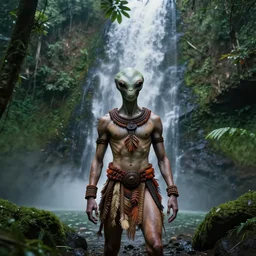 a photo of an alien wearing tribal clothes, standing in front of a waterfall, deep in the rainforest, professional light, photo by jimmy nelson, 8 k, photorealistic imagery, trending on artstation, artstationhq, artstationhd