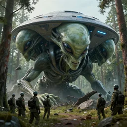 aliens huge ufo crushed in the forest surrounded by russian soldiers, biopunk, cyberpunk, masterpiece. rendered in blender, ultra realistic, smooth shading, ultra detailed, high resolution, cinematic, unreal 6, perfect face, cyberpunk, fine details, studio lighting, subtle shadows, art by katsuya terada, photorealism, hyper realism, octane render, hyper detailed, canon eos r 3, f / 1. 4, iso 2 0 0, 1 / 1 6 0 s, medium shot, 8 k, raw, unedited, in - frame,