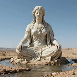 Massive giant 65-year-old giant Gaia Goddess shedding one emotionless tear as she sits on a dried up river in a desolate land, blue sky, hot and sunny, highly-detailed, elegant, dramatic lighting, artstation, 4k, cinematic landscape