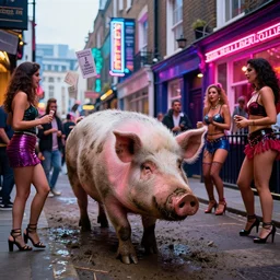 a perfect 1 9 7 7 vivid chromatically distorted photograph of a giant muddy pig wandering the seedy streets of soho, london. eye popping neon glows, mini skirts, calling cards, street hustlers and exotic dancers luring the pig in every direction. opulence, superficiality and a crass exploitative feel.
