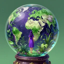 World in Glass ball, plants, woman, violet color, green color, highly saturated colors, detailed illustration, digital art, overdetailed art, concept art,dan mumford, Greg Rutkowski, trending on artstation