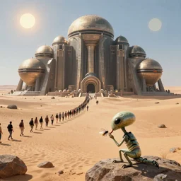 an enormous monolithic alien building in the desert, a large line of people are walking toward it starting at the foreground and ending at the building, single file, in the foreground on a rock is an alien creature catching a fly with its tongue, two suns are in the sky, clear skies, volumetric light, hyperdetailed, artstation, cgsociety, 8k