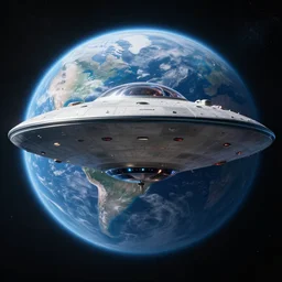 high quality picture of an alien in a ufo in space. earth is seen as the background.