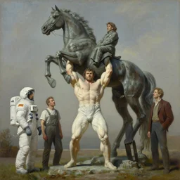 astronaut bodybuilder lifts horse statue, highly detailed painting by francis bacon, edward hopper, adrian ghenie, gerhard richter, and james jean soft light 4 k,