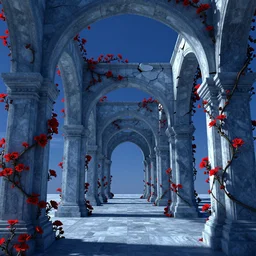 broken arches leading to the pillars of eternity draped with red flowers and vines, blue sky, lens flare, ultra detailed, intricate, sharp focus, 8K, pixelart by Rembrandt, trending on artstation