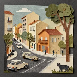 collage style Joseba Elorza, geometry form, cars, buildings, peoples, cat, tree, town street, textures grunges, papercut, after effects