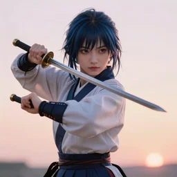 highly detailed beautiful photo of a madison beer as a young female samurai, practising sword stances, art by koyoharu gotouge, symmetrical face, beautiful eyes, dark - blue hair, realistic, 8 k, award winning photo, pastels colours, action photography, 1 / 1 2 5 shutter speed, sunrise lighting,