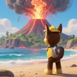 chase from paw patrol is standing on the beach watching a giant volcano erruption behind him, movie poster, trending on artstation, intricate detail, very sharp, octane 8 k render, depth of field
