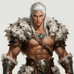 ! dream barbarian, jackson wang, fierce, big muscles, fur leather armor!!! beautiful and elegant white hair female!! gorgeous ayes!! character concept art, sharp focus, octane render! unreal engine 5! highly rendered!! trending on artstation!! detailed linework!! illustration by artgerm, wlop, and chie yoshii
