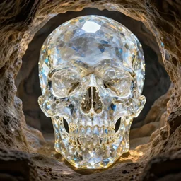 a bright crystal skull, inside of an expansive cave, hyper realistic, coherent design, symmetrical, vivid color, complementary color, golden ratio, detailed, sharp lines, intricate, rainbowshift, in unreal engine, nvidia optix, octane render