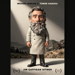 poster artwork by Michael Whelan and Tomer Hanuka, Karol Bak of Jim Gaffigan hitman in peacoat chewing bubblegum, from scene from Twin Peaks, clean, simple illustration, nostalgic, domestic,