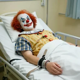 crazy clown lying in hospital bed with wrist restraints on, restraints straps attached to hospital bed siderails, photograph, 8 k