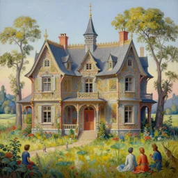 a hiper intricate oil painting of a beatifull house in the serene field, intricate, highly detailed, digital painting, artstation, concept art, extremely detailed, sharp focus, wide view, smooth, digital illustration, colorfull, by william turner art, by greg rutowski, by carl larson, by edmund dulac, by hieronimus bosch
