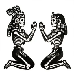 two praying skeletons kneeling facing each other arms raised, wood cut print, 2 d, vector, flat art, black and white, aztec