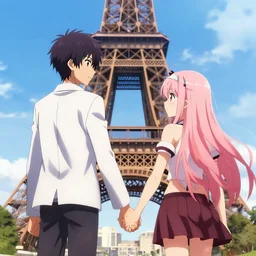 Hikigaya Hachiman holding hands with Zero Two in front of the Eiffel Tower