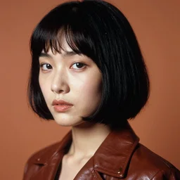ektachrome, 3 5 mm, highly detailed : incredibly realistic, youthful asian demure, perfect features, feminine cut, beautiful three point perspective extreme closeup 3 / 4 portrait photo in chiaroscuro style 1 9 7 0 s frontiers in flight leather suit cosplay vogue fashion edition, nick night, show studio, copper background