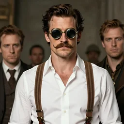 steampunk henry cavill, mustache, googles, suspenders, white shirt, in the style of artgerm and charlie bowater and atey ghailan and mike mignola, epic lighting, vibrant colors and hard shadows and strong rim light, very coherent, comic cover art, plain background, trending on artstation