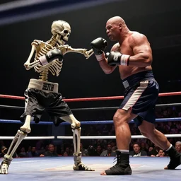 a spooky skeleton fighting mike tyson in a boxing match
