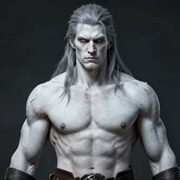 a portrait of a tall warrior with grey hair and big muscles, light blue eyes and body full of scars, his skin in extremely white and grim looking, mysterious