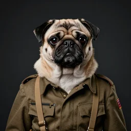 portrait of a pug as a military man, dark background, studio light, hdr, nikon 2 4 mm f / 1. 8 g, by sebastiao salgado