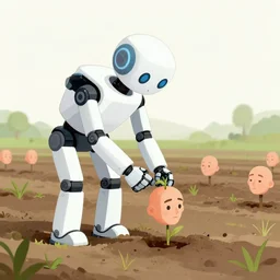 A robot planting human heads on a farm, art by Simon Stalenhag, 4k